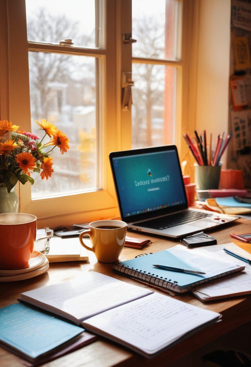 A vibrant scene depicting a cozy workspace filled with notebooks, laptops, and creative tools. In the background, a colorful mind map illustrating blogging concepts and tips. A cup of coffee steaming on the desk, and sunlight streaming through a window, creating a warm atmosphere. Include a motivational quote subtly in the image. painterly style. bright colors. warm tones.