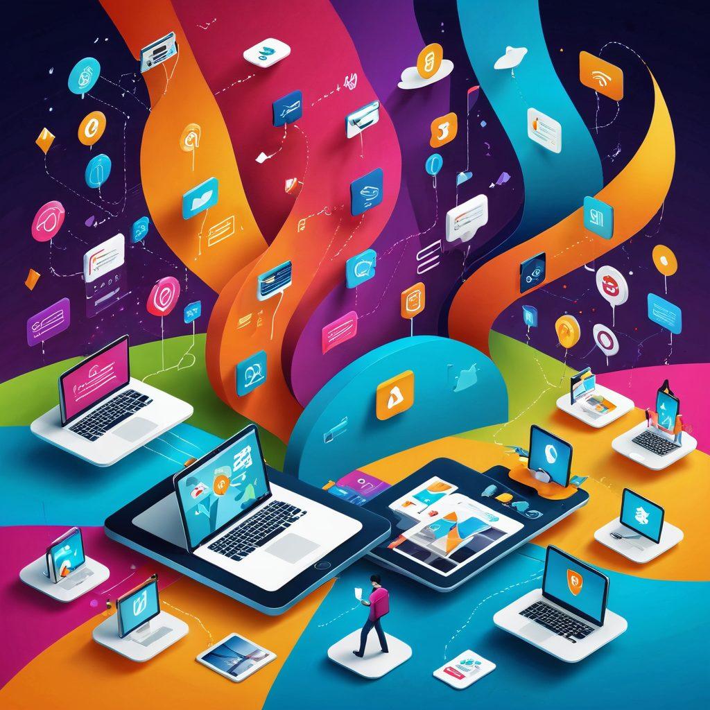 A dynamic visualization of a journey through a digital landscape, featuring a diverse group of bloggers creating content on various devices, vibrant icons representing ideas and concepts swirling around them, a roadmap symbolizing navigation through the blogosphere, with inspiring quotes hovering in the background. bright colors. modern illustration. 3D.