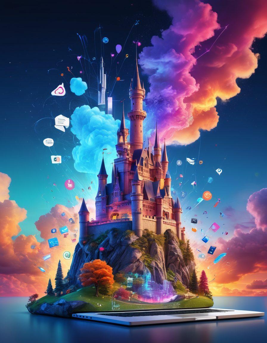 A digital landscape featuring a towering castle made of vibrant content-creation tools like pen, laptop, camera and social media icons. The foreground shows diverse creators collaborating, with graphs and analytics visualizations glowing in the air, symbolizing growth. Bright, bold colors to convey energy and innovation. A futuristic sky with swirling clouds of ideas and expressions. super-realistic. vibrant colors. 3D.